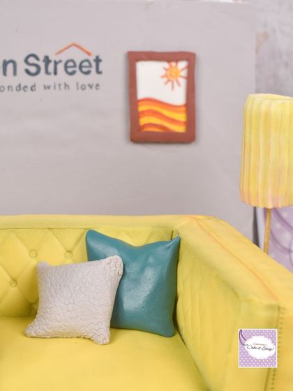 A close-up of the fondant cushions on the sofa cake, with different textures to mimic real fabric.