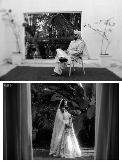 A pair of classic, contemplative black and white portraits of the bride and groom before their Alibaug wedding. These shots capture a sense of stillness and anticipation before the ceremony begins.
