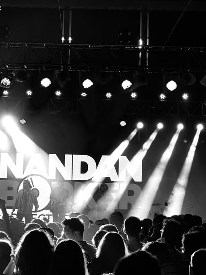 A view from the audience, showing the scale of the crowd and the impressive lighting rig. We ensure a visually spectacular show to accompany the music.
