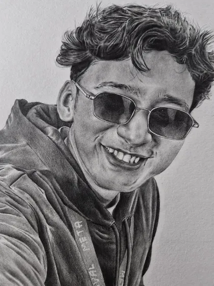 A paid commission of a smiling man in a hoodie and sunglasses. I enjoy drawing candid, happy expressions that bring the portrait to life.