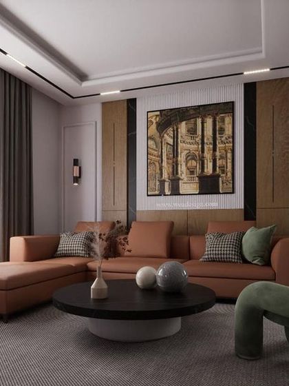 A modern living room design for a project in JP Nagar, featuring a unique knotted green armchair, a comfortable chaise lounge, and textured wall panels for a sophisticated look.