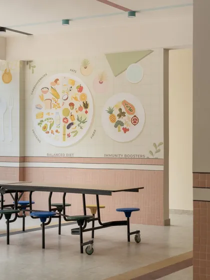 Learning doesn't stop at the classroom door. In the school's dining area, we used large, engaging wall graphics to tell stories about nutrition and healthy habits. This visual storytelling turns mealtime into a fun, educational experience, gently teaching children about balanced diets and immunity boosters.