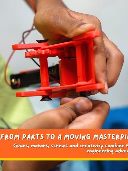 From parts to a moving masterpiece. A child assembles an insect bot, learning how gears, motors, and screws combine in an engineering adventure.