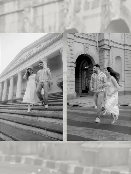 Two black and white scenes from their day in the city. One moment is a casual walk down the steps of a classic building, the other is a playful run across the street.