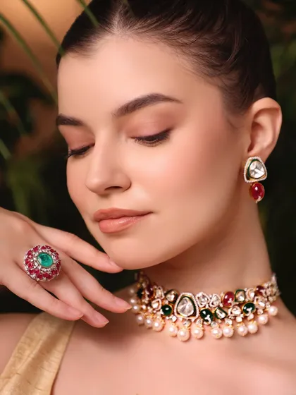 For jewelry campaigns, the makeup must complement, not compete. Here, I focused on creating a radiant, earthy glow that lets the stunning polki and emerald pieces be the hero.