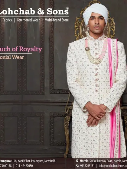 We believe in personalizing your wedding look. Here, the same classic ivory sherwani is styled with a vibrant pink stole, adding a pop of color that can be coordinated with the bridal attire. This small change creates a completely different, yet equally regal, statement.