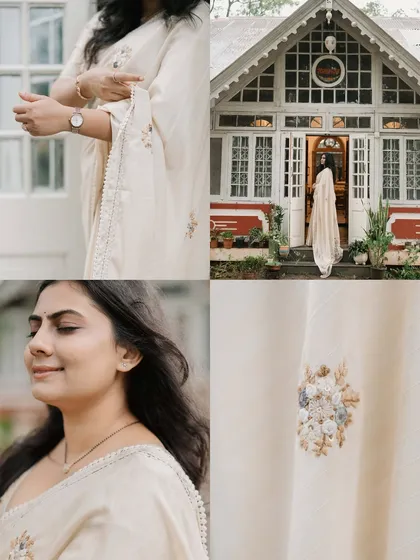 A collage showcasing the beauty of the bride and the location. These shots capture the details of her outfit, her serene expression, and the charming heritage architecture.