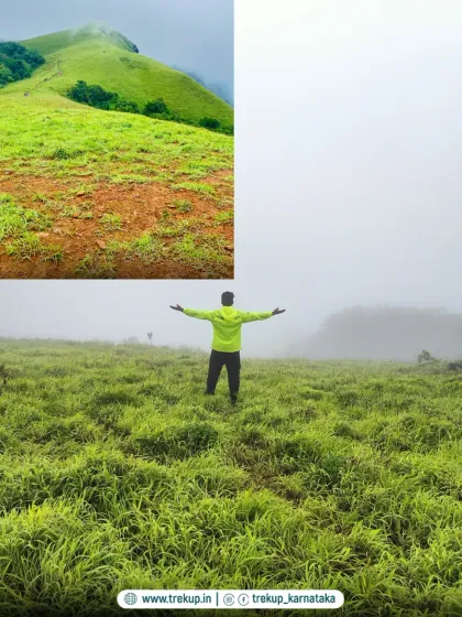 A collage showing the green meadows of Bandaje and a trekker standing in a field of mist, capturing the trek's dual landscapes.