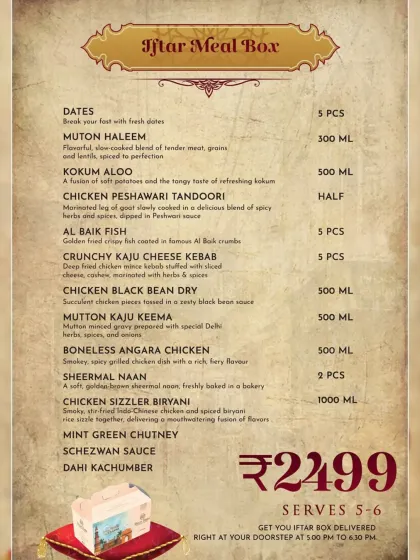 The detailed menu for our Iftar Meal Box. It includes everything from Dates and Mutton Haleem to Chicken Peshawari Tandoori, Boneless Angara Chicken, and Chicken Sizzler Biryani.