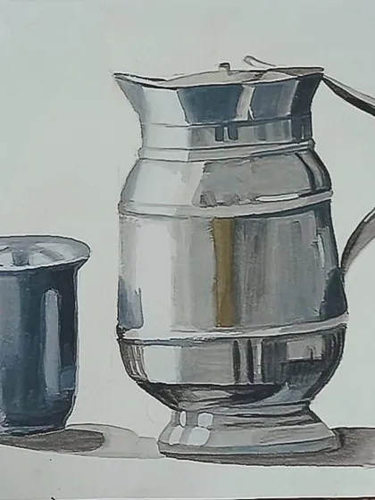 This is a fantastic example of a steel object study by one of our elementary exam students. We teach specific techniques to capture the difficult reflections and tones of metallic surfaces, a crucial skill for still life painting.