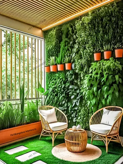 A floor-to-ceiling vertical garden transforms this balcony into a lush, private oasis. We created a dense wall of assorted artificial plants to provide a stunning green backdrop that requires no watering. The space is furnished with natural cane chairs and a matching table, set on artificial turf with stone-look pavers for a complete garden feel.