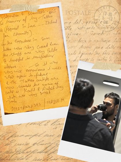 A handwritten note from the couple, praising the polite staff and the very good experience they had at the studio.