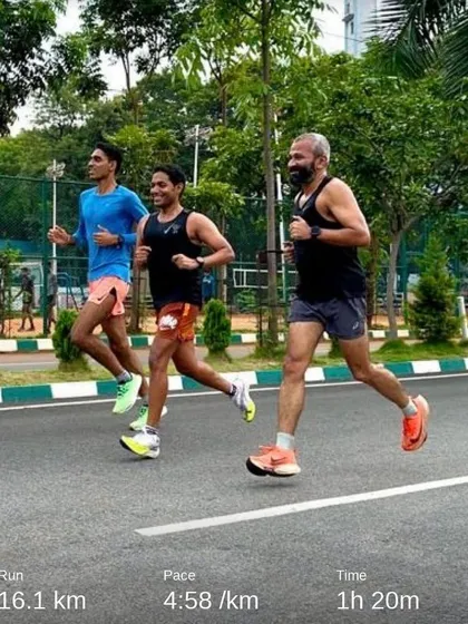 Running with friends turns miles into memories. Here I am, sharing the path and pace with fellow runners at Kanteerava Stadium. These are the moments that build our community and fuel our passion for the sport.
