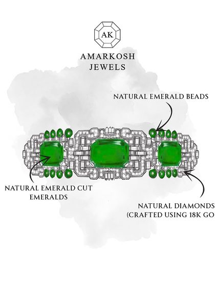 A technical drawing of an emerald and diamond bracelet. This illustrates the level of detail we go into, specifying each type of gemstone and cut to ensure the final piece matches the vision perfectly.