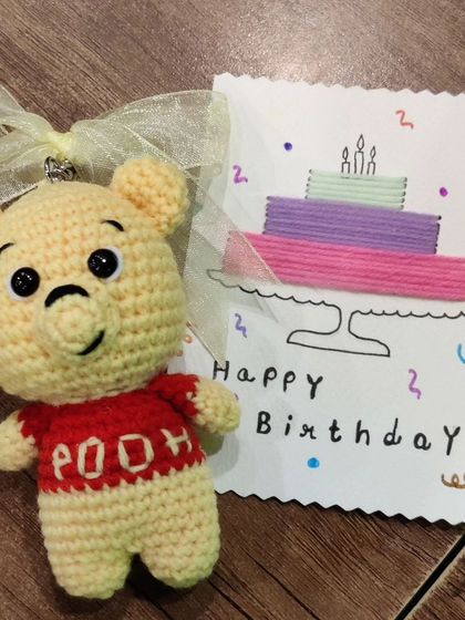 A custom Winnie the Pooh keyring I made to go with a handmade birthday card.