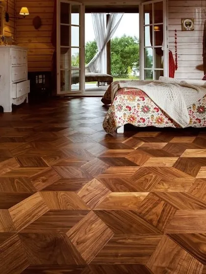 This is how I turn a simple bedroom into a statement piece. The 3D geometric parquet flooring isn't just a surface to walk on; it's a work of art that adds depth and character. I use high-quality wood and precision installation for a flawless, durable finish.