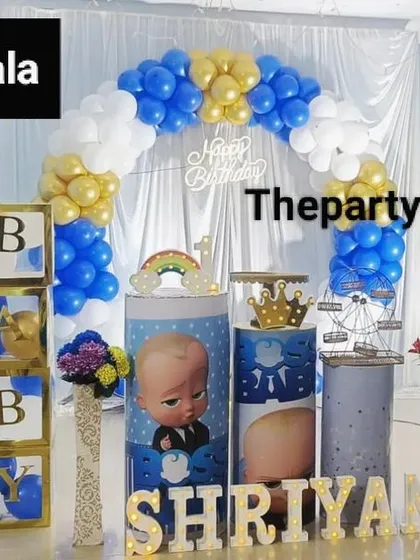 The Boss Baby theme is a huge hit for first birthdays. I create a fun and playful atmosphere with character cutouts, a custom blue and gold balloon arch, and personalized blocks that spell out the baby's name, making it a perfect photo opportunity.
