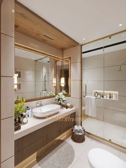 This bathroom design blends modern luxury with timeless sophistication, featuring warm wood tones, a large backlit mirror, and brushed gold finishes.
