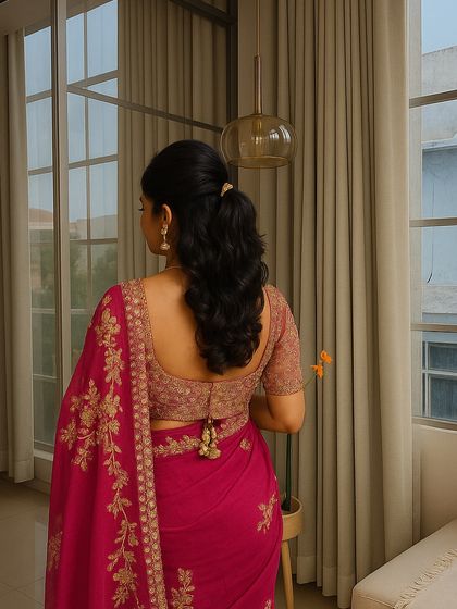 An elegant and simple half-up ponytail. The hair is given a slight puff at the crown for volume and then tied back, letting the curled ends fall gracefully. This style looks beautiful with sarees and lehengas.