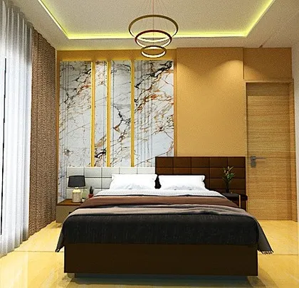 A 3D design for a master bedroom featuring a marble-paneled wall behind the bed. The gold metal strips and modern chandelier add a touch of glamour and sophistication.