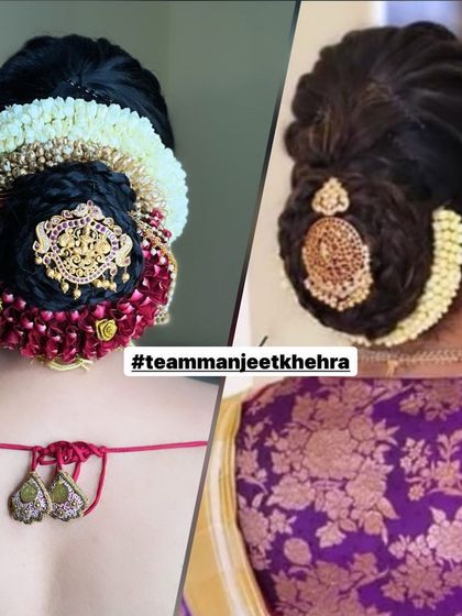 On the left is a South Indian style low bun I recreated for a bride, based on the reference picture she showed me on the right. I love collaborating with clients to bring their vision to life with flowers and traditional hair accessories.