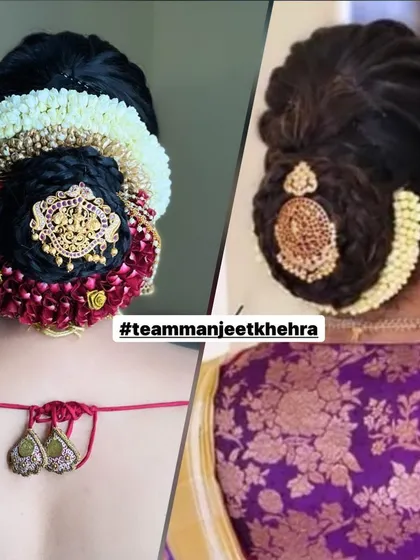 On the left is a South Indian style low bun I recreated for a bride, based on the reference picture she showed me on the right. I love collaborating with clients to bring their vision to life with flowers and traditional hair accessories.