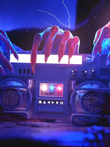 'StereoVoid', an experimental piece combining creature horror with a retro boombox. The monstrous hands and eerie blue and red lighting create a surreal, 80s-inspired horror vibe.