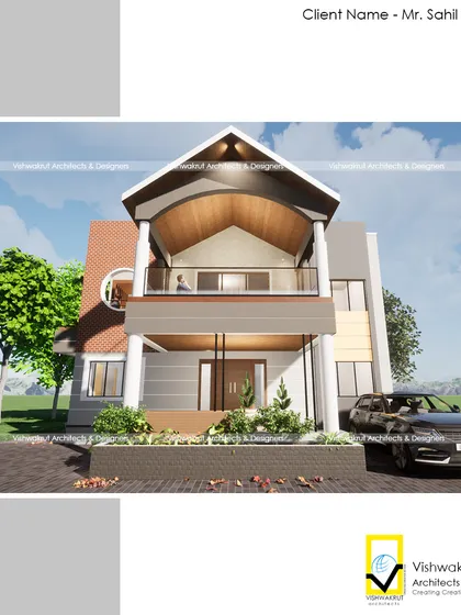This is a 3D elevation render for a modern bungalow we designed in Lodhivali, Panvel. The design features a distinctive vaulted roof over the terrace, creating a grand and airy outdoor living space. Our architectural planning focuses on creating unique, visually striking homes that are also practical for daily life.