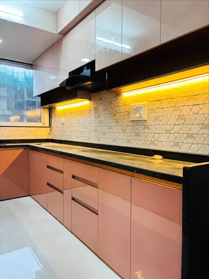 This angle shows the practical layout, with plenty of counter space on either side of the hob for food preparation.