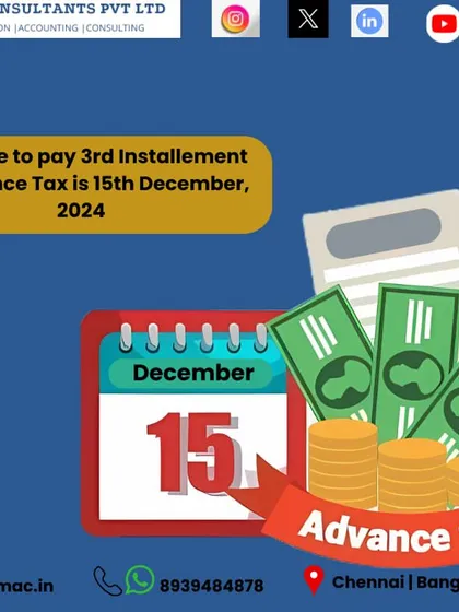 This is a reminder that the last date to pay the 3rd installment of Advance Tax is December 15, 2024. This is applicable if your total tax liability for the year is expected to be more than ₹10,000.