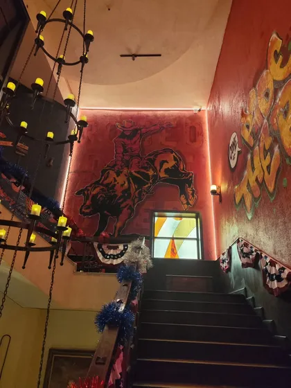I bring the heat to commercial spaces. This desert-themed mural, complete with a bucking bronco, completely transformed the staircase of this cafe, creating an immersive experience for customers from the moment they walk in.