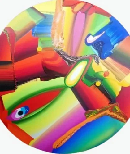 This vibrant, circular canvas is from the "Stretched Bodies" series by Bose Krishnamachari, founder of the Kochi Muziris Biennale. His work is a bold exploration of color and form, designed to make any space come alive. We believe art like this can stretch your boundaries and fill your life with energy.