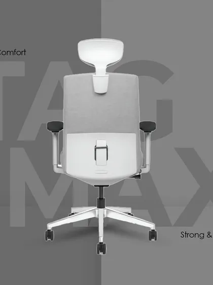 The back view of the 'Tag Max' chair, this time in a modern white and grey finish, showing its robust lumbar support structure.