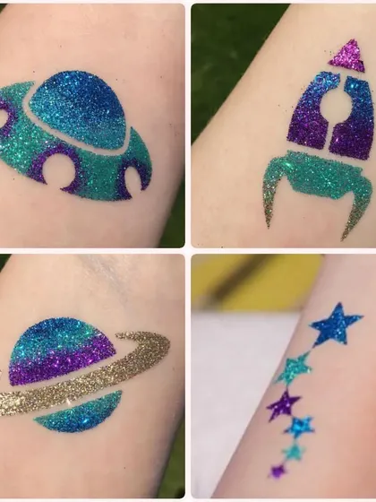Perfect for an out-of-this-world party. This set of space-themed glitter tattoos includes a UFO, a rocket ship, the planet Saturn, and a trail of shooting stars.