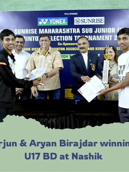 Arjun and Aryan Birajdar receiving their U17 Boys Doubles trophy at the state tournament in Nashik, marking their third title in just four weeks.