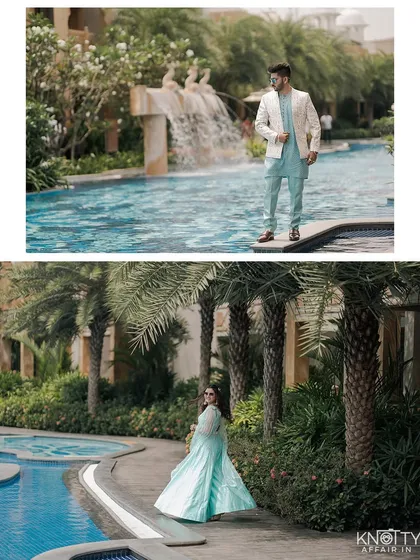Individual portraits by the resort pool. This collage showcases the bride and groom's style against the luxurious backdrop of the water and palm trees.