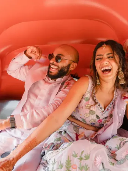 Pure, unfiltered joy in a rickshaw. This couple's quirky entry and infectious laughter set the tone for a Haldi ceremony that was all about fun and being themselves.