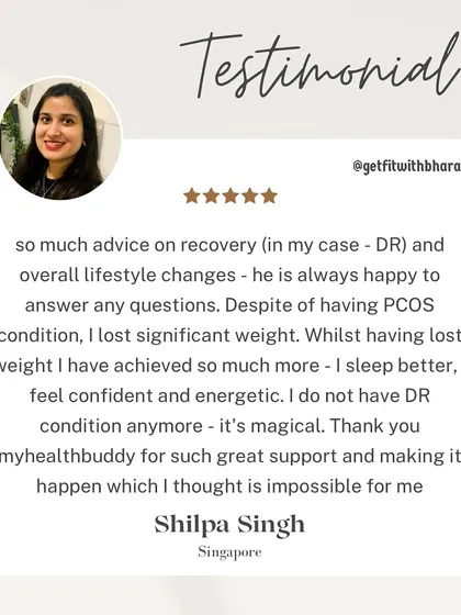 Shilpa's journey is a powerful reminder that fitness is about so much more than weight. We worked together to manage her PCOS and Diastasis Recti, and she not only lost weight but also started sleeping better and feeling more energetic and confident.