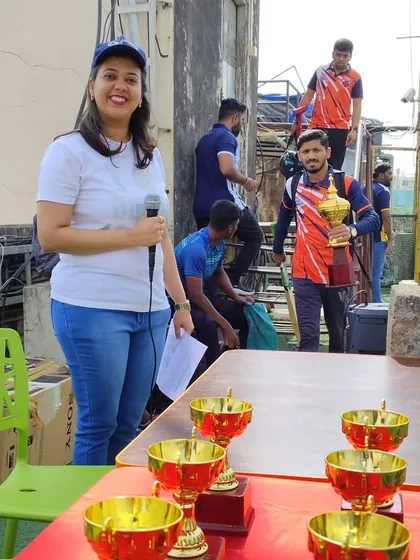 Hosting isn't just for formal stages. Here I am bringing the energy to a corporate cricket tournament, managing the awards presentation and making sure the team-building event is a huge success.