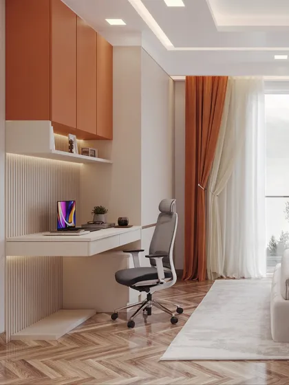 A compact and efficient home office nook integrated into a guest bedroom. The render highlights the floating desk and the pop of color from the overhead cabinets.