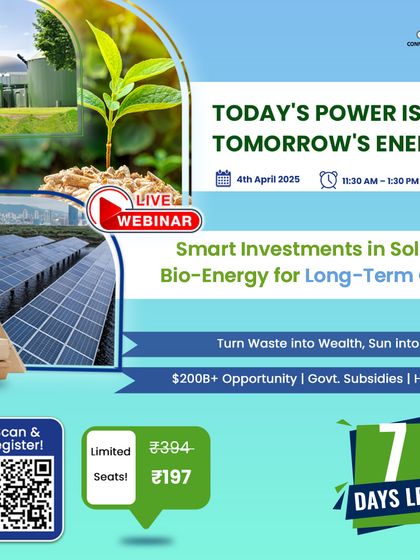 A "7 Days Left" countdown for our webinar on smart investments in solar and bio-energy. The graphic combines images of a biogas plant, solar panels, and biomass, representing the hybrid energy opportunities we consult on.