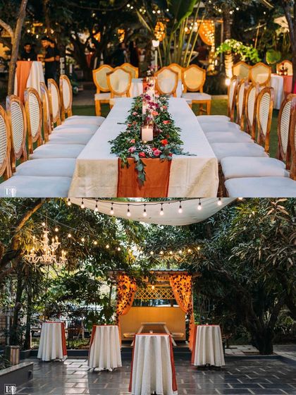 The perfect setting for a pre-wedding cocktail party or sangeet night. The lawn provides ample space for a dance floor, while the surrounding trees, lit with elegant chandeliers and string lights, create a festive and celebratory atmosphere.