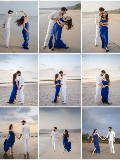 A pre-wedding shoot at the beach offers so many possibilities. This collage shows a series of moments from one session, from playful dancing by the waves to quiet, romantic walks as the sun sets. It’s a complete love story told in nine frames.