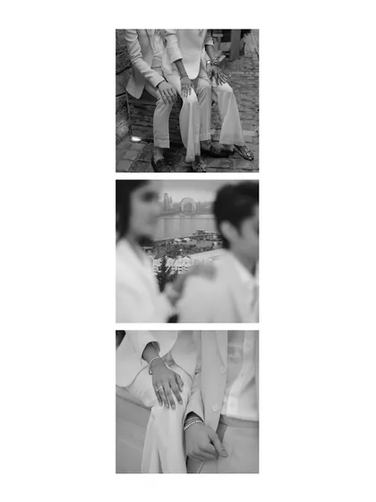A black and white collage focusing on details from the Baku shoot. It combines shots of their hands, the city view, and their posture to tell a richer story in a single image.