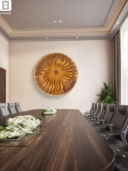 Placing 'The Golden Flower' in a corporate boardroom. Its radiant design brings a sense of inspiration and creativity to a professional environment.