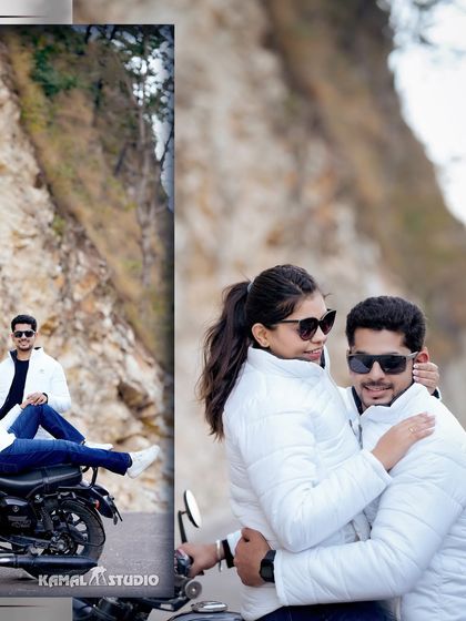 More dynamic poses with the motorcycle, capturing the fun and adventurous spirit of the couple during their mountain pre-wedding shoot.