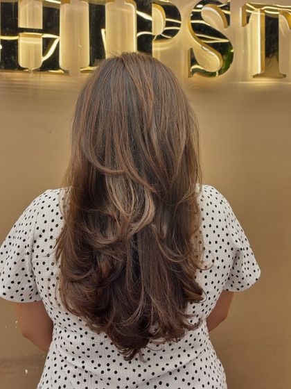 The back view of a layered haircut with a fresh global color. The light catches the subtle layers, showing off the health and shine of the newly colored hair.