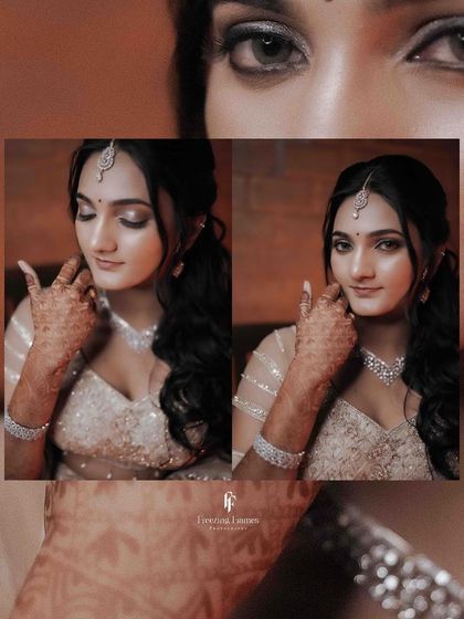 A collage focusing on the bride's stunning makeup and intricate henna, highlighting her "Tamil bride" look.