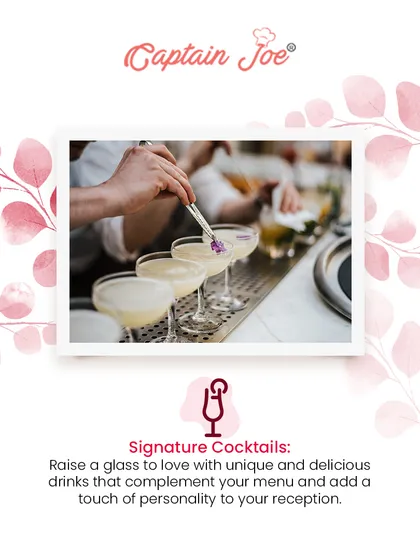 We can create signature cocktails that add a touch of personality to your reception. Here, a bartender carefully adds a floral garnish to a drink, showcasing our attention to detail.