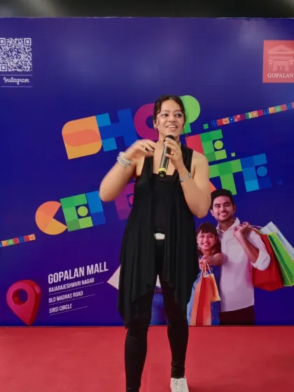 Hosting the International Karaoke Day event at Gopalan Mall. I bring energy and melody to musical events, encouraging audience participation and creating a lively show.